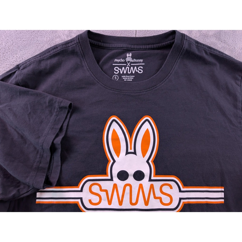 Psycho Bunny x Swims Mens T-Shirt Navy Blue Pima Cotton Graphic Tee Size 5 L